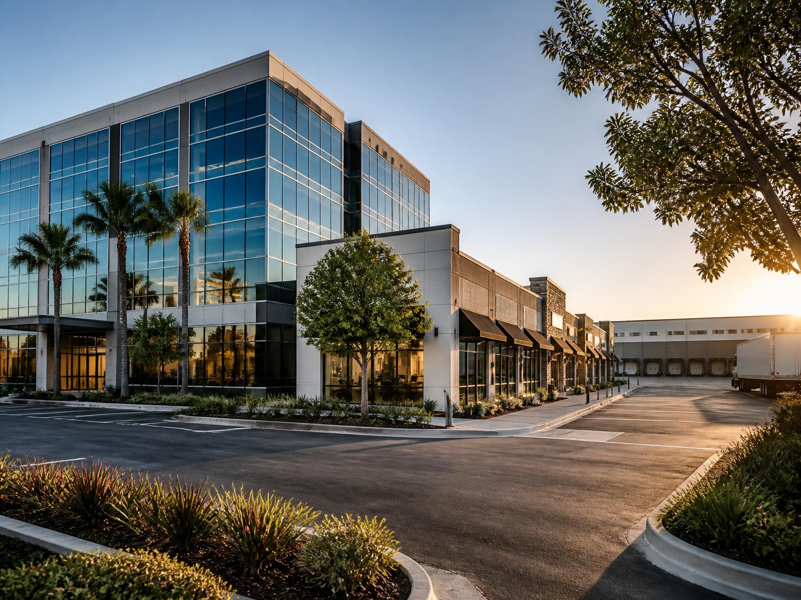 Commercial property portfolio at golden hour: office building, retail storefronts and a distribution facility